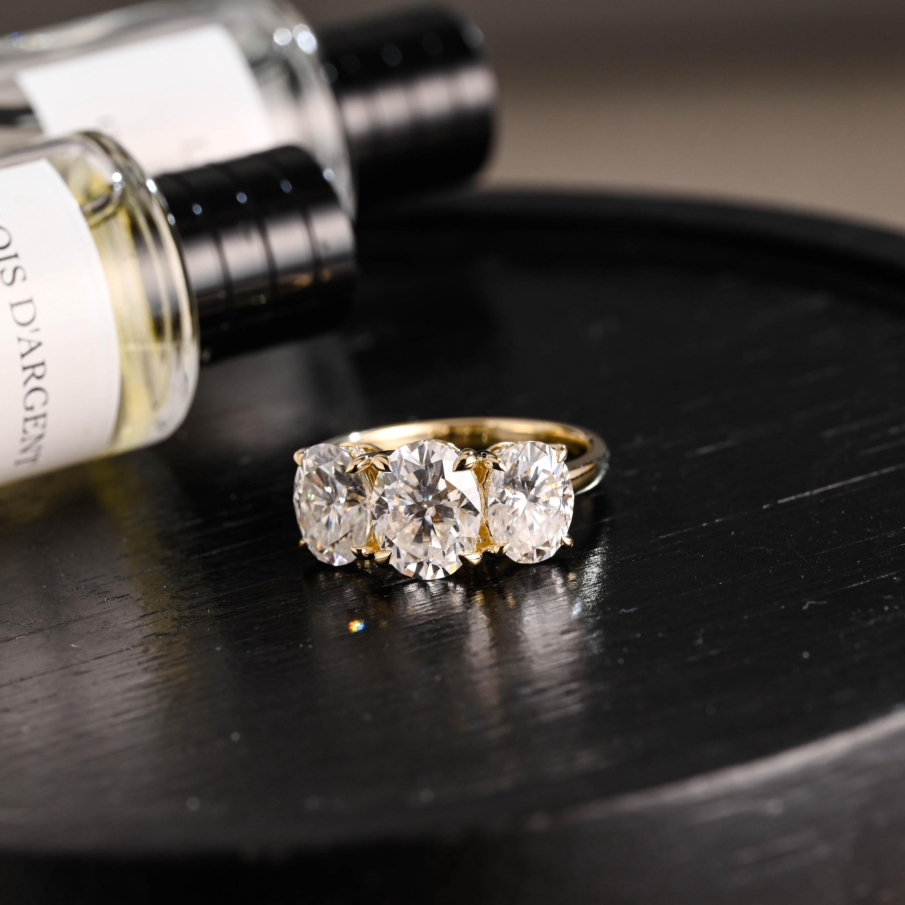Solid Gold Hidden Halo Three Stone Oval Cut Moissanite Engagement Ring