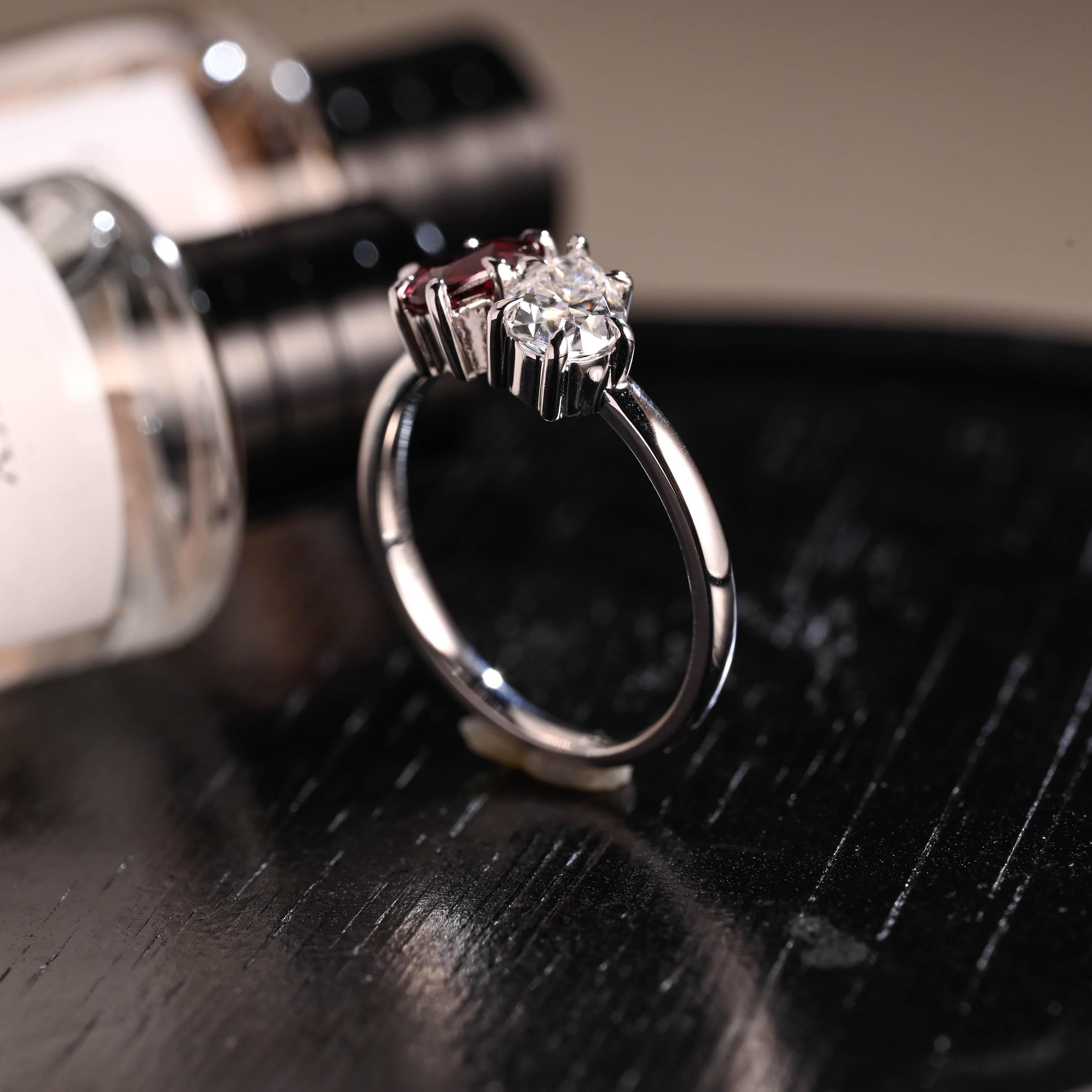 Toi et Moi Garnet Ring Pear Moissanite Engagement Ring, Solid Gold Heart Shaped Garnet Ring