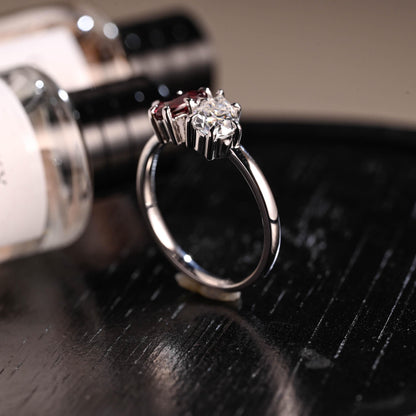 Toi et Moi Garnet Ring Pear Moissanite Engagement Ring, Solid Gold Heart Shaped Garnet Ring