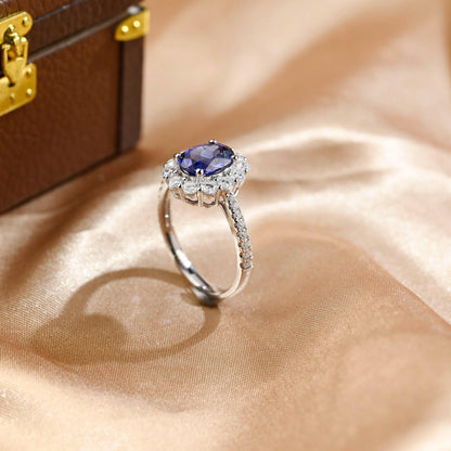 Solid Gold Oval Cut Lab Grown Sapphire Engagement Ring, Halo Wedding Ring