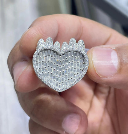 Iced Out Heart Ring , Baguette Moissanite VVS D Color 6.11 CTW 925 Sterling Silver