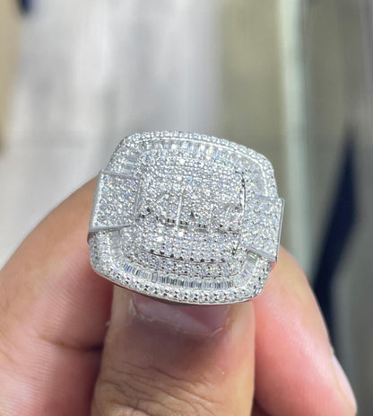 Iced Out Moissanite Square Pinky Ring: Solid Sterling Silver, 5.62 Carat Round Moissanite Ring