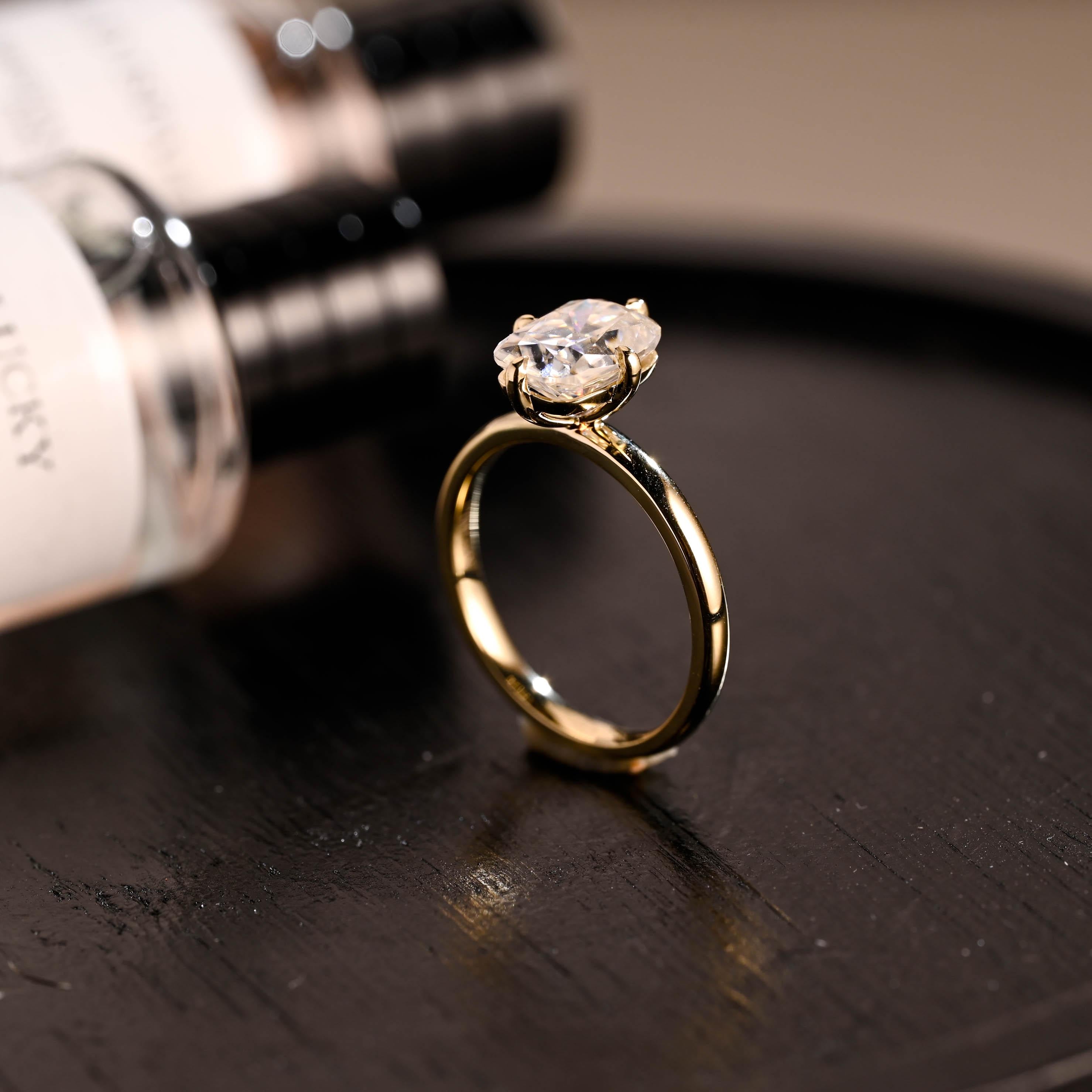 Solid Gold Elongated Cushion Moissanite Engagement Ring, Solitaire Compass Setting Moissanite Wedding Ring