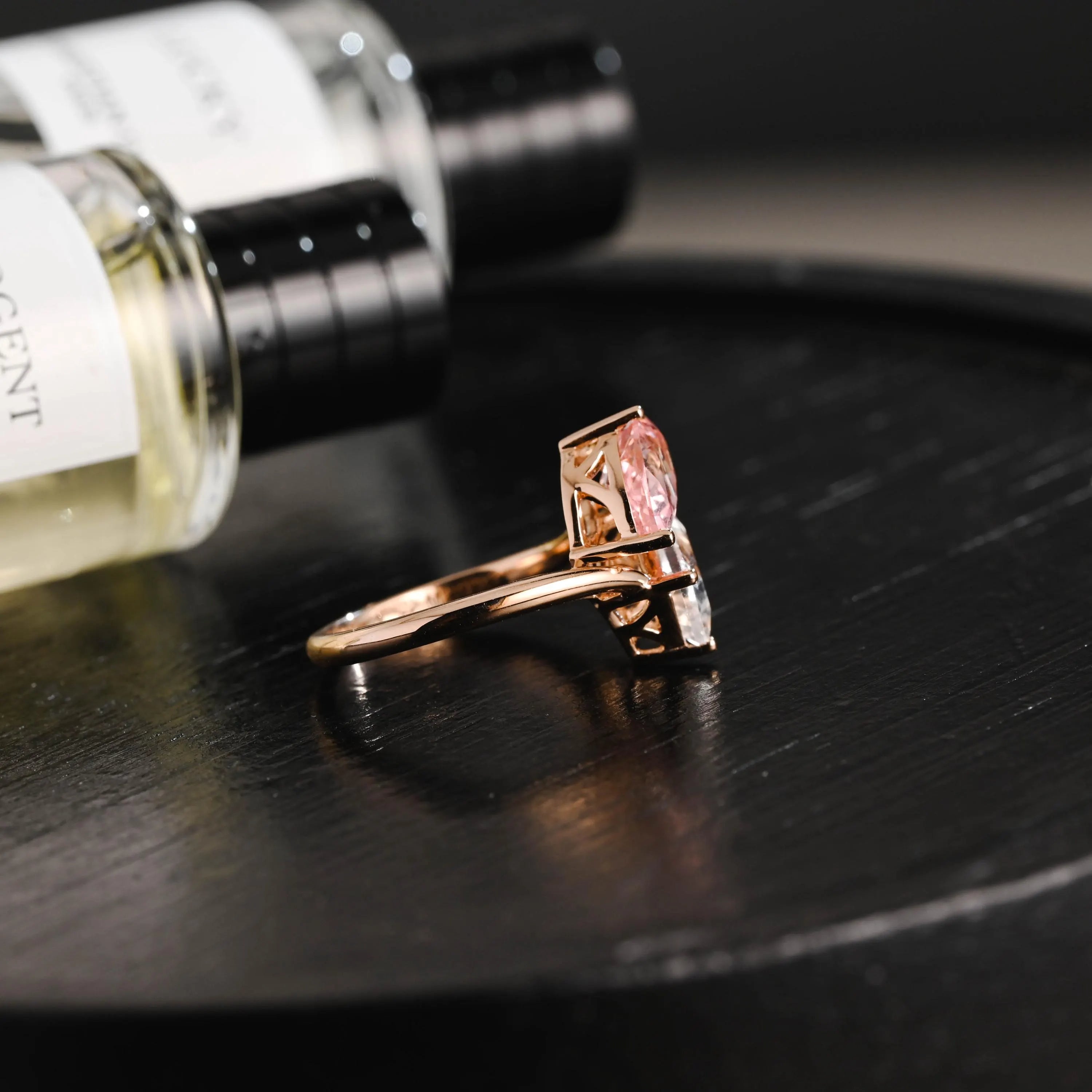 Solid Gold Toi et Moi Lab Grown Pink Sapphire & Emerald Cut Two Stone Moissanite Engagement Ring