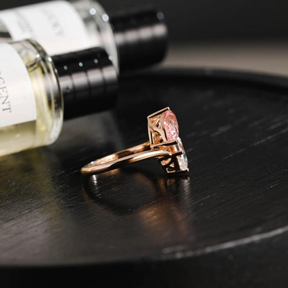 Solid Gold Toi et Moi Lab Grown Pink Sapphire & Emerald Cut Two Stone Moissanite Engagement Ring
