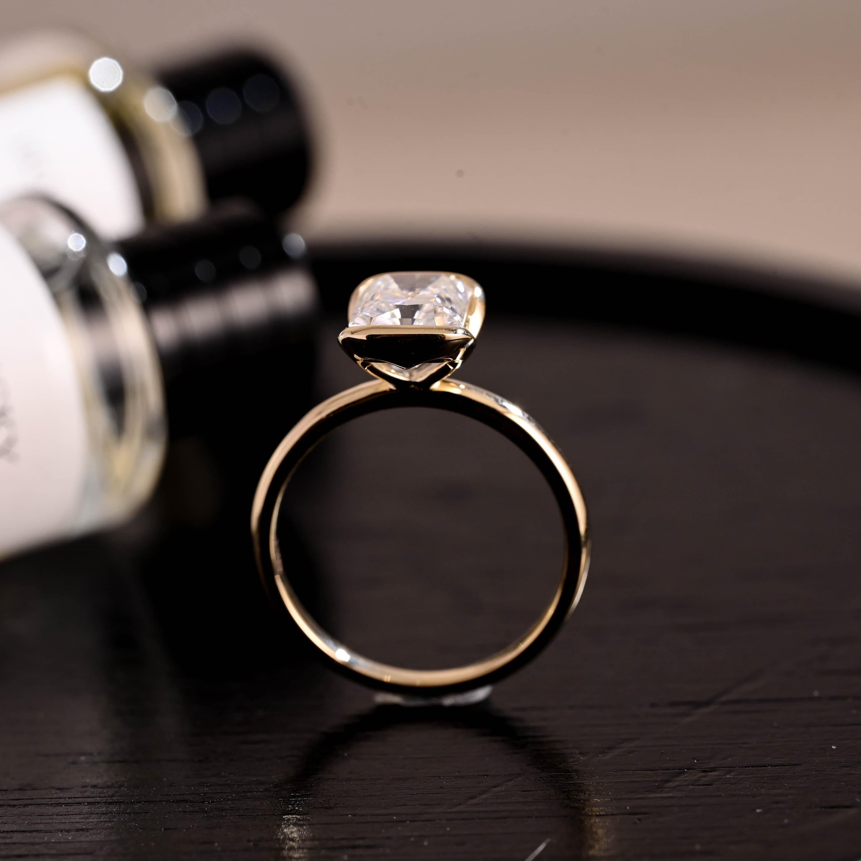 Solid Gold Half Bezel Radiant Cut Moissanite Engagement Ring, Solitaire Ring