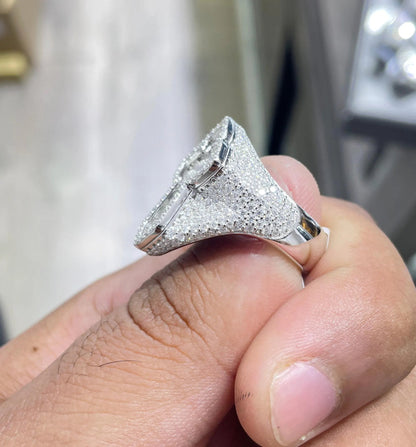 Iced Out Moissanite Cross Ring: 6.82 Carat Baguette Round VVS Moissanite Sterling Silver Ring
