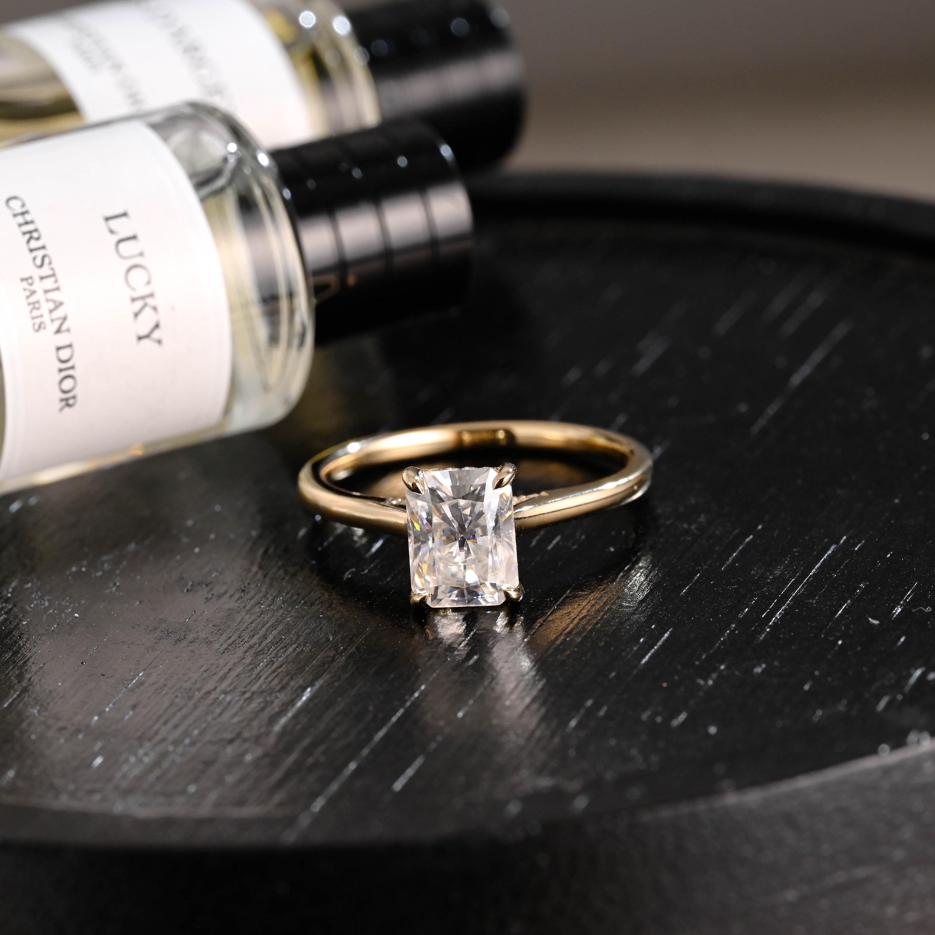Solid Gold Hidden Halo Radiant Moissanite Engagement Ring, Cathedral Proposal Ring