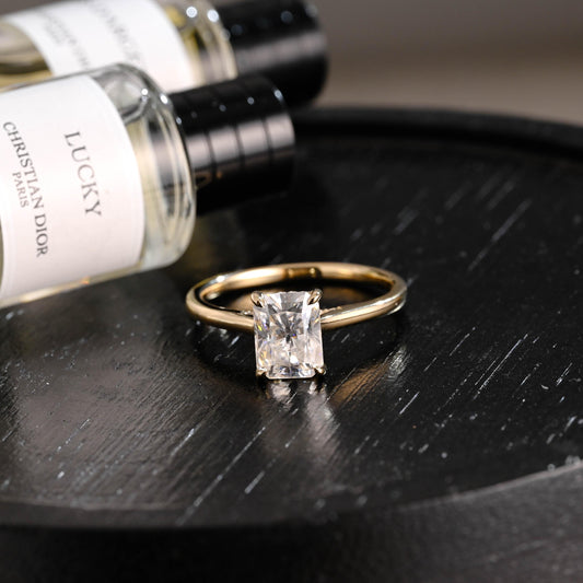 Solid Gold Hidden Halo Radiant Moissanite Engagement Ring, Cathedral Proposal Ring