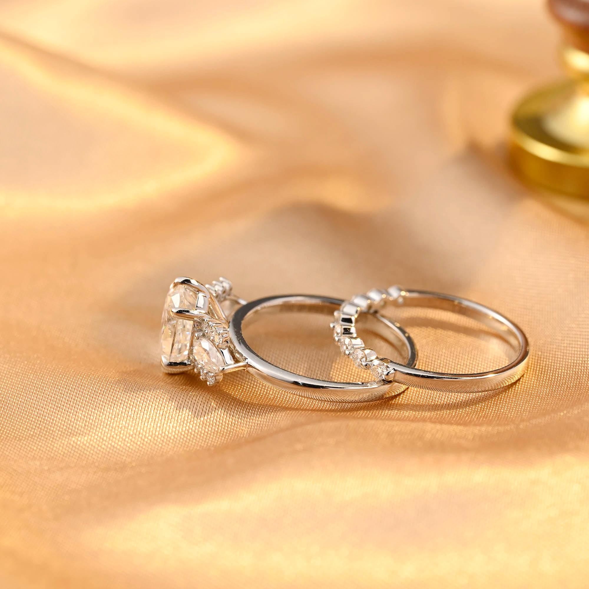 Solid Gold Three Stone Oval Cut Moissanite Engagement Ring Set, Half Eternity Ring Bridal Set