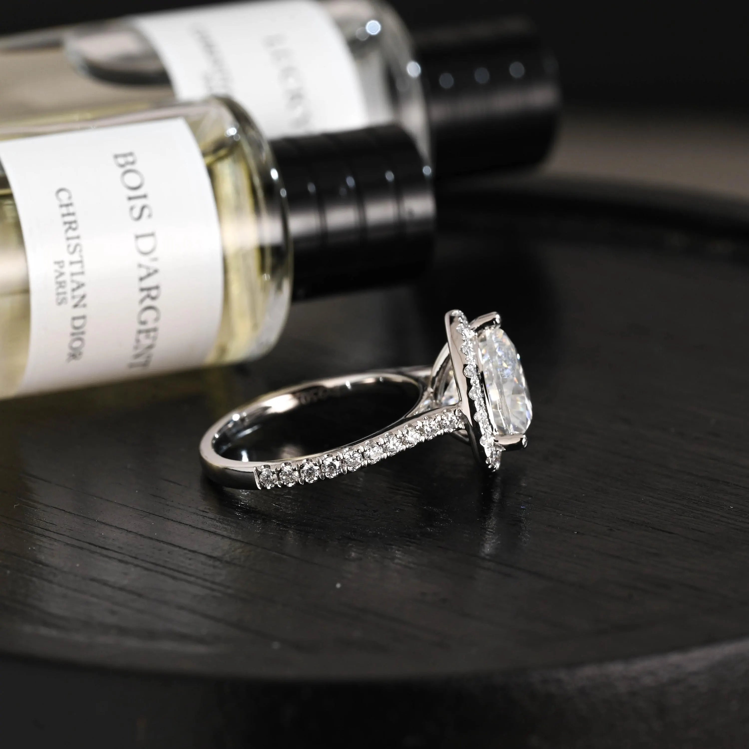 Trilliant Cut Moissanite Engagement Ring, Halo Pave Cathedral Trilliant Cut Wedding Ring