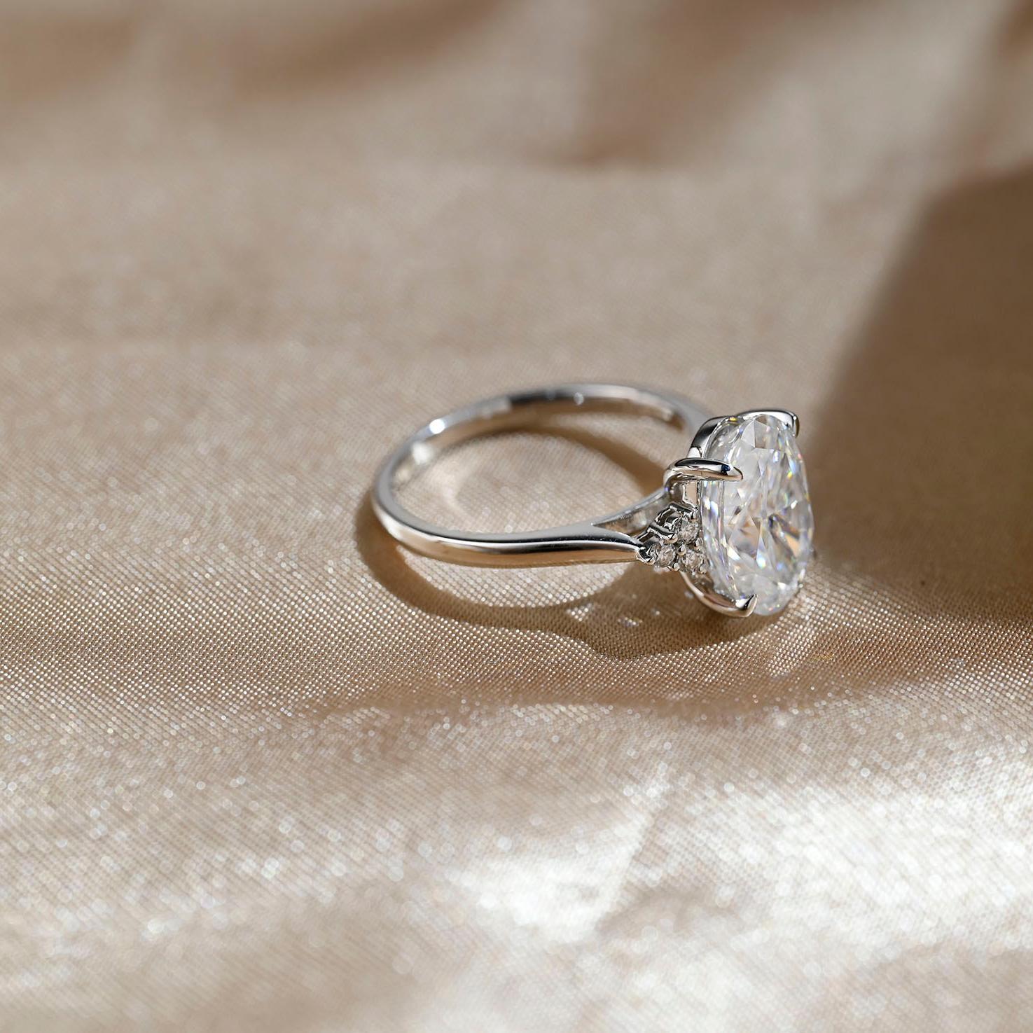 Solid Gold Cathedral Setting Oval Cut Moissanite Engagement Ring, Side Cluster Wedding Ring