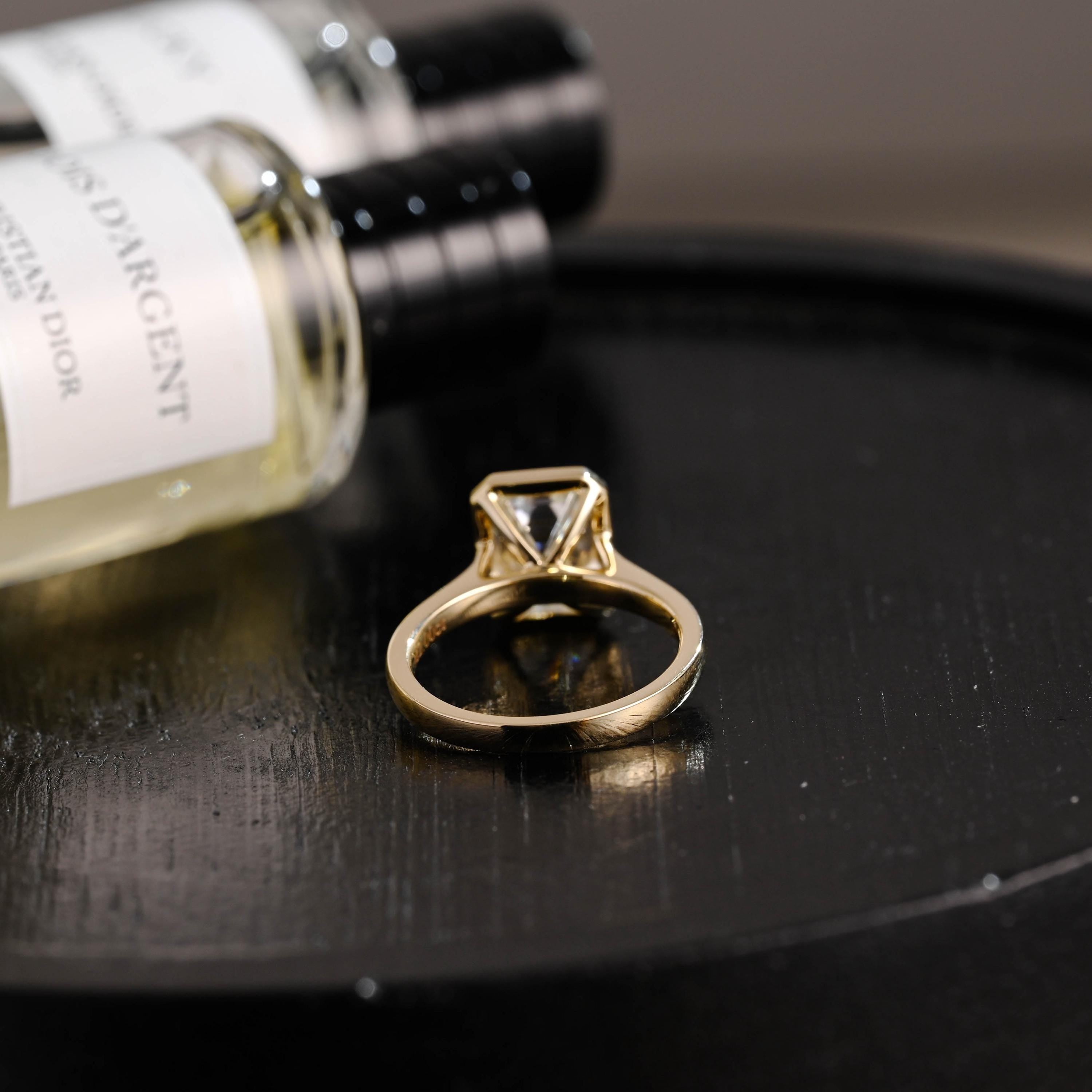 Solid Gold Bezel Emerald Cut Moissanite Engagement Ring, Solitaire Cathedral Setting Emerald Cut Wedding Ring