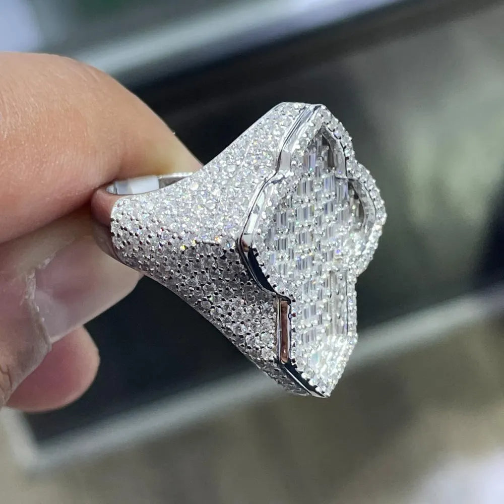 Iced Out Cross Ring: 6.67CTW Lab Grown Baguette Moissanite, Sterling Silver
