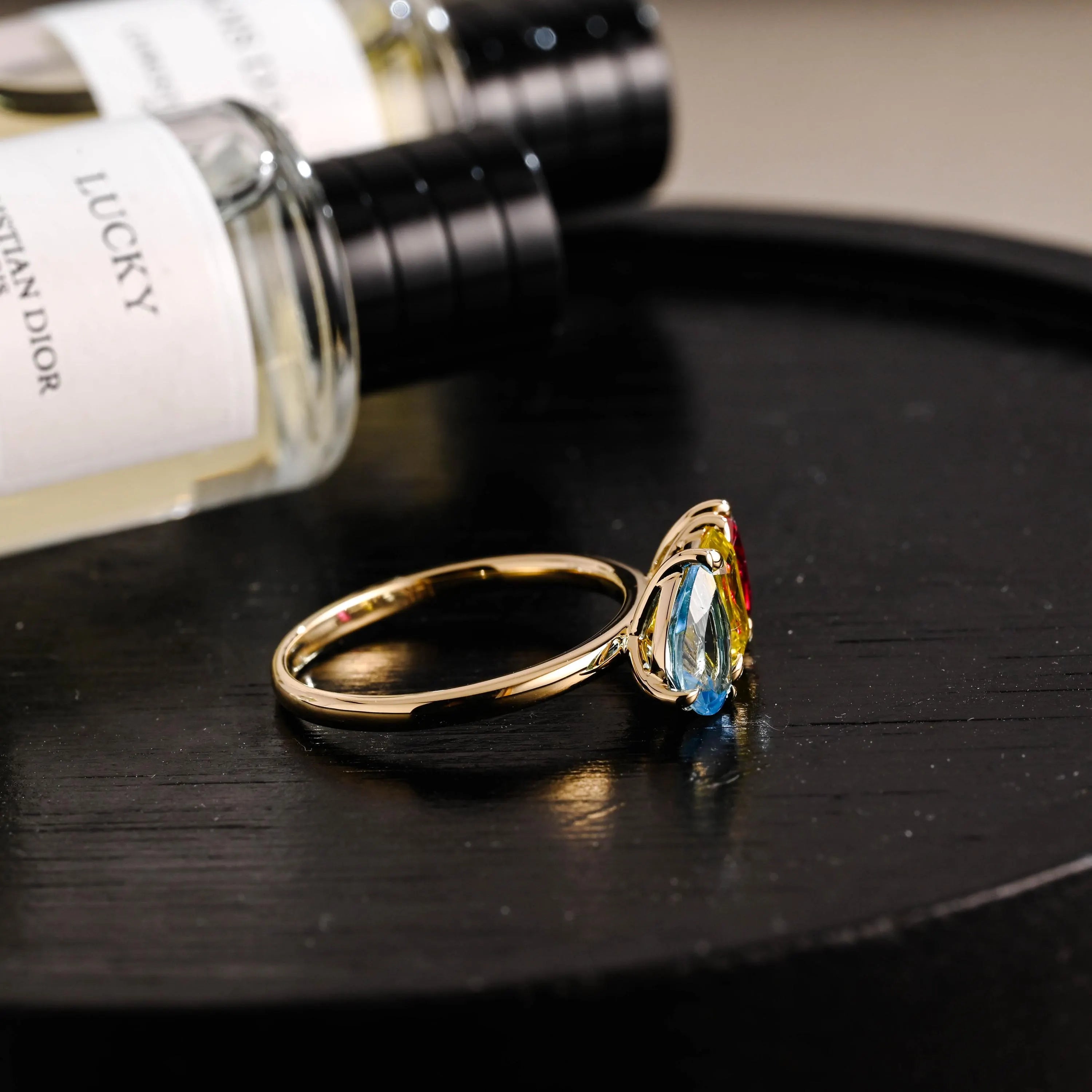 Solid Gold Pear Ruby & Emerald Cut Yellow Lab Grown Sapphire and Pear Blue Topaz Engagement Ring