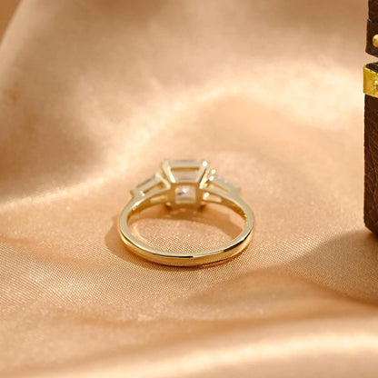 Solid Gold Asscher Moissanite Engagement Ring, Three Stone Wedding Ring