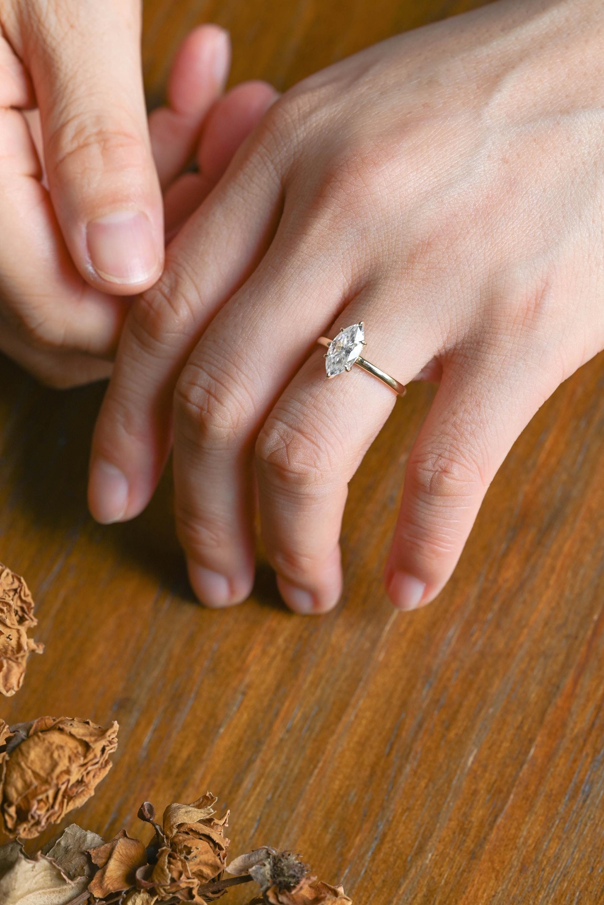 Solid Gold Marquise Cut Moissanite Engagement Ring, Anniversary Ring