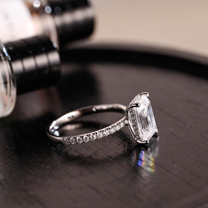 Prong Pave Emerald Cut Moissanite Engagement Ring, Solid Gold Hidden Halo Pave Emerald Cut Moissanite Wedding Ring, Anniversary Ring Gift