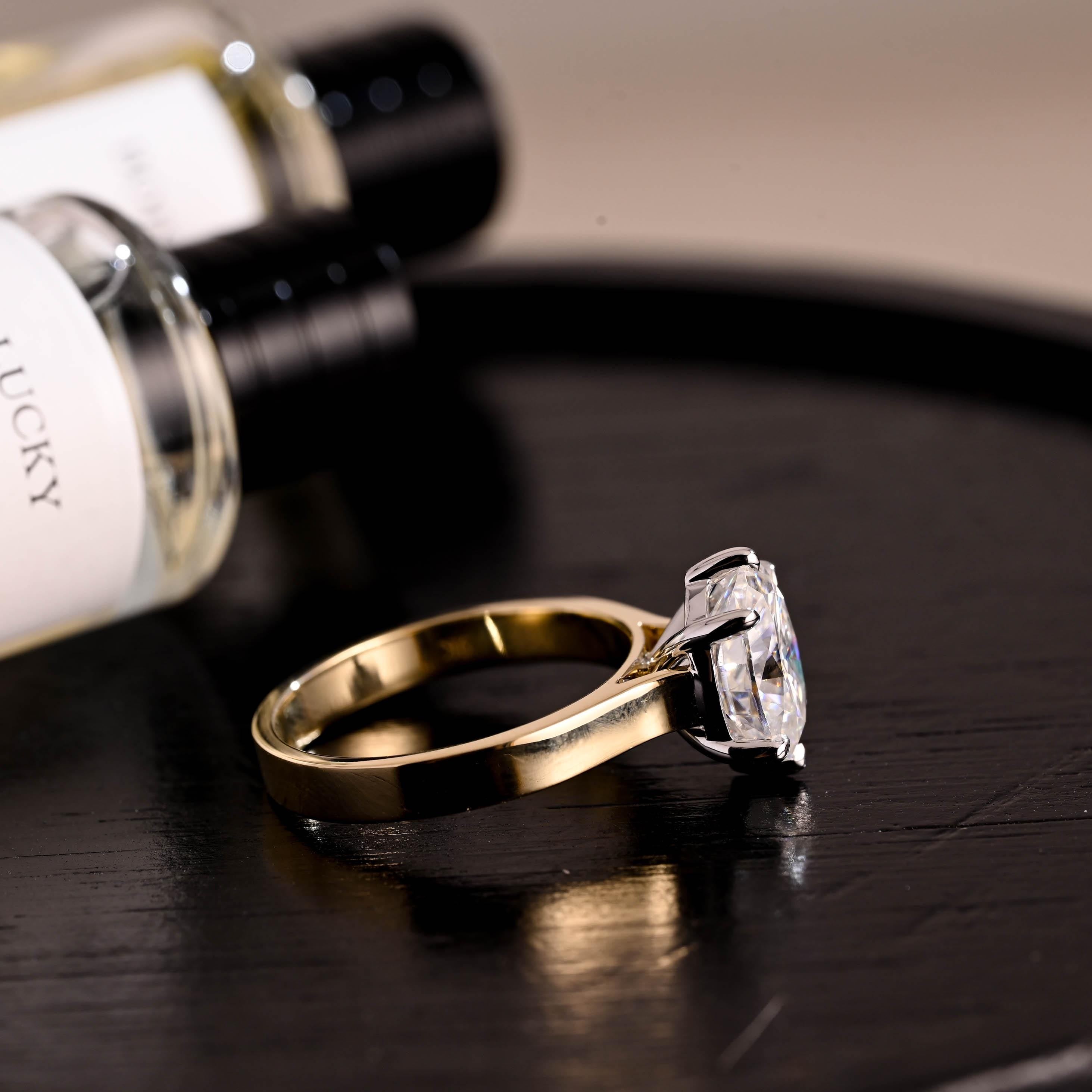 Solid Gold Two Tone Solitaire Oval Cut Moissanite Engagement Ring, 3mm Wide Cathedral Setting