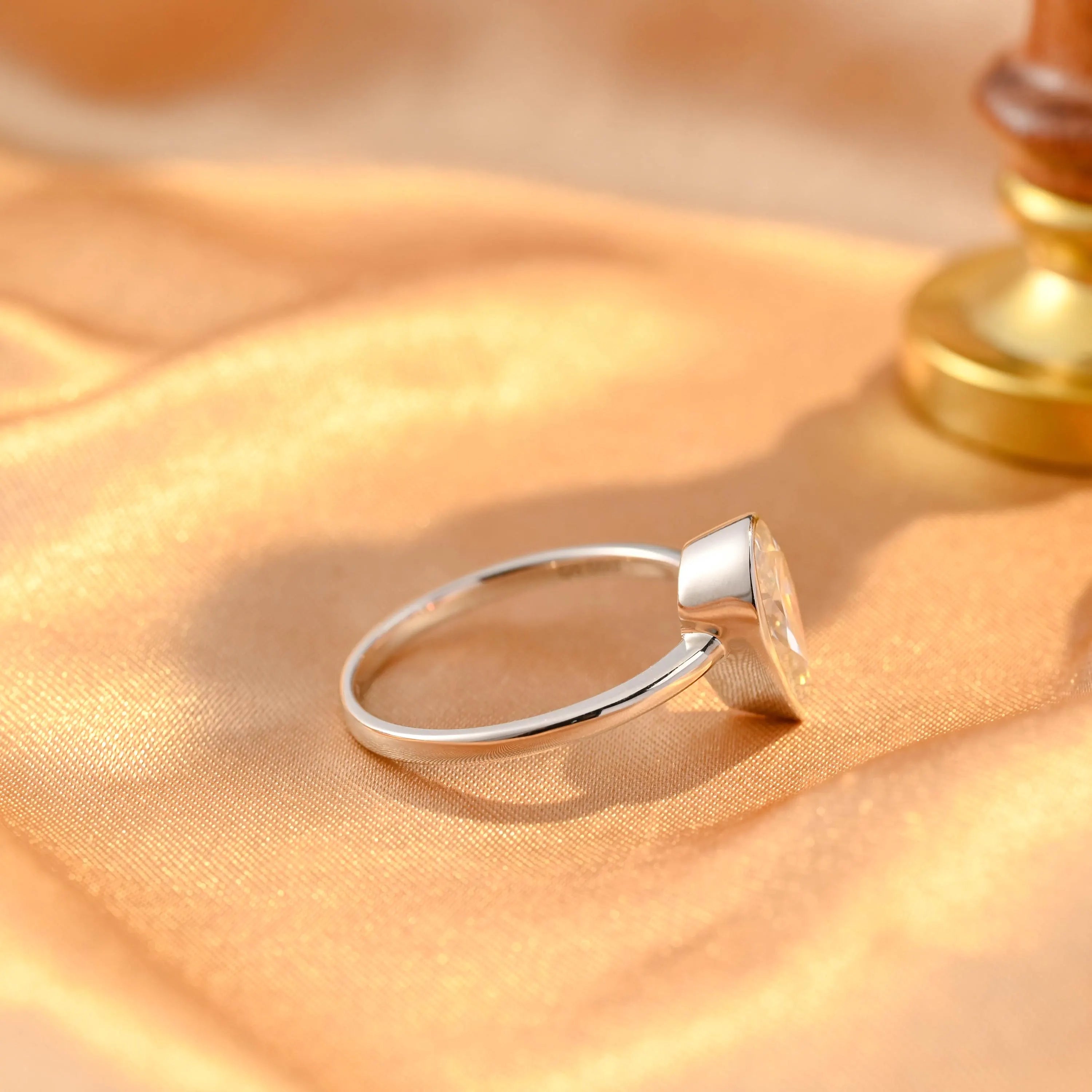 Solid Gold Bezel Pear Cut Moissanite Engagement Ring, Solitaire Pear Moissanite Wedding Ring