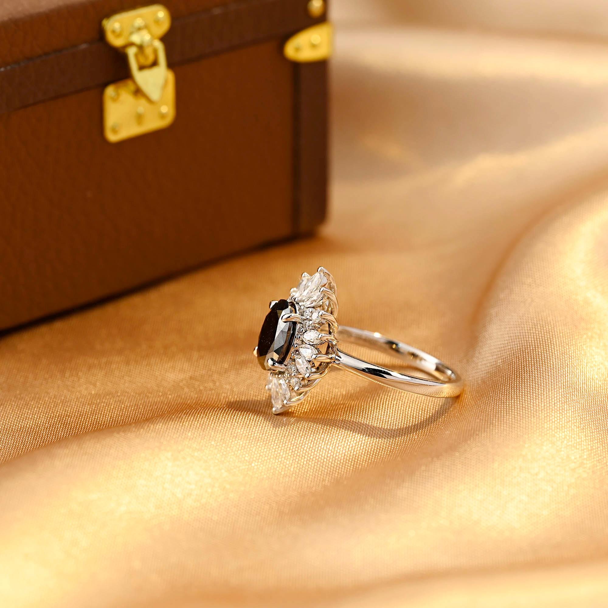 Solid Gold Oval Cut Black Moissanite Engagement Ring, Starburst Halo Ring