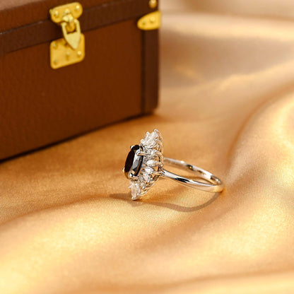 Solid Gold Oval Cut Black Moissanite Engagement Ring, Starburst Halo Ring