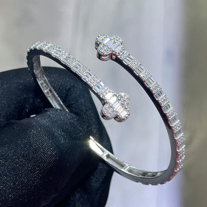 Moissanite Four Leaf Clover Bangle: Sterling Silver Cuff Bracelet (4.20ctw)