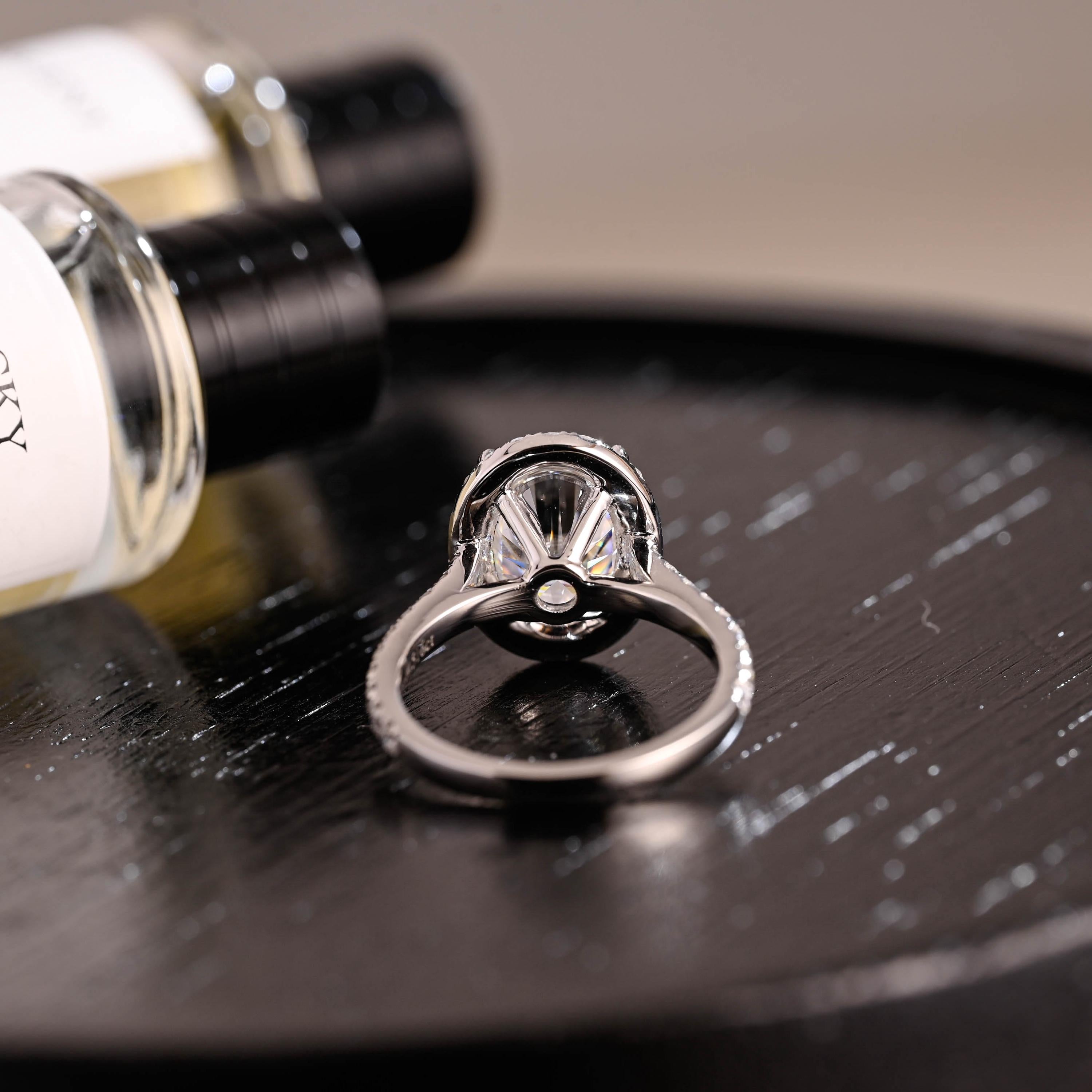 Solid Gold Halo Oval Cut Moissanite Engagement Ring, Half Pave Wedding Ring
