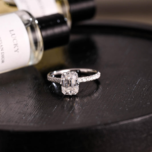 Solid Gold Hidden Halo Emerald Cut Moissanite Engagement Ring, Proposal Ring, Promise Ring, Wedding Ring, Anniversary Gift for Women Wife