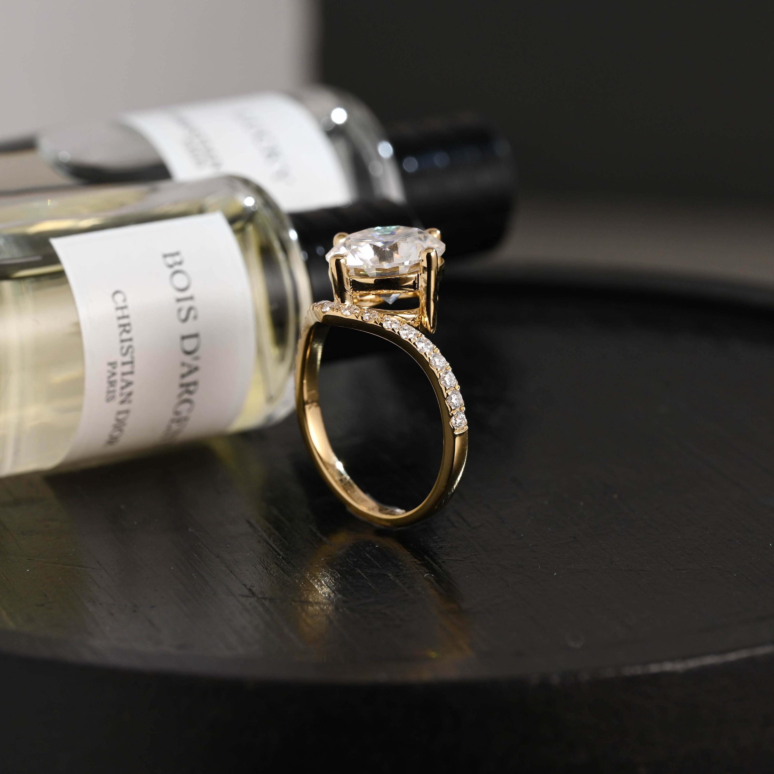 Solid Gold Round Cut Moissanite Sandwich Setting Engagement Ring, Wedding Ring