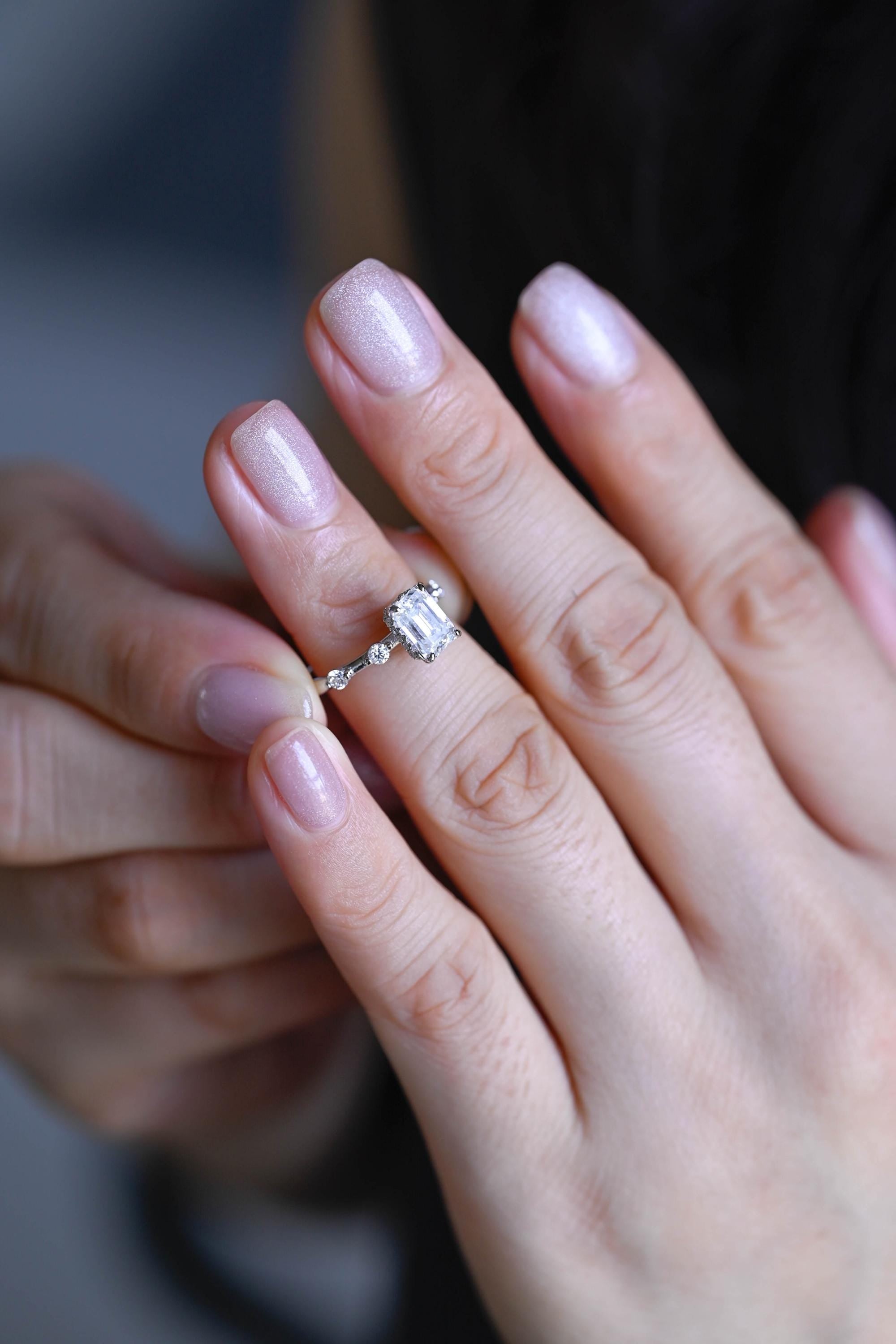 Solid Gold Hidden Halo Emerald Cut Moissanite Engagement Ring, Proposal Ring, Promise Ring, Wedding Ring, Anniversary Gift for Women Wife