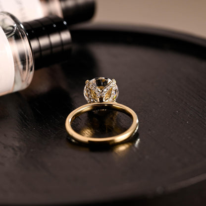 Crushed Ice Moissanite Engagement Ring, Tulip Setting, Solid Gold Hidden Halo