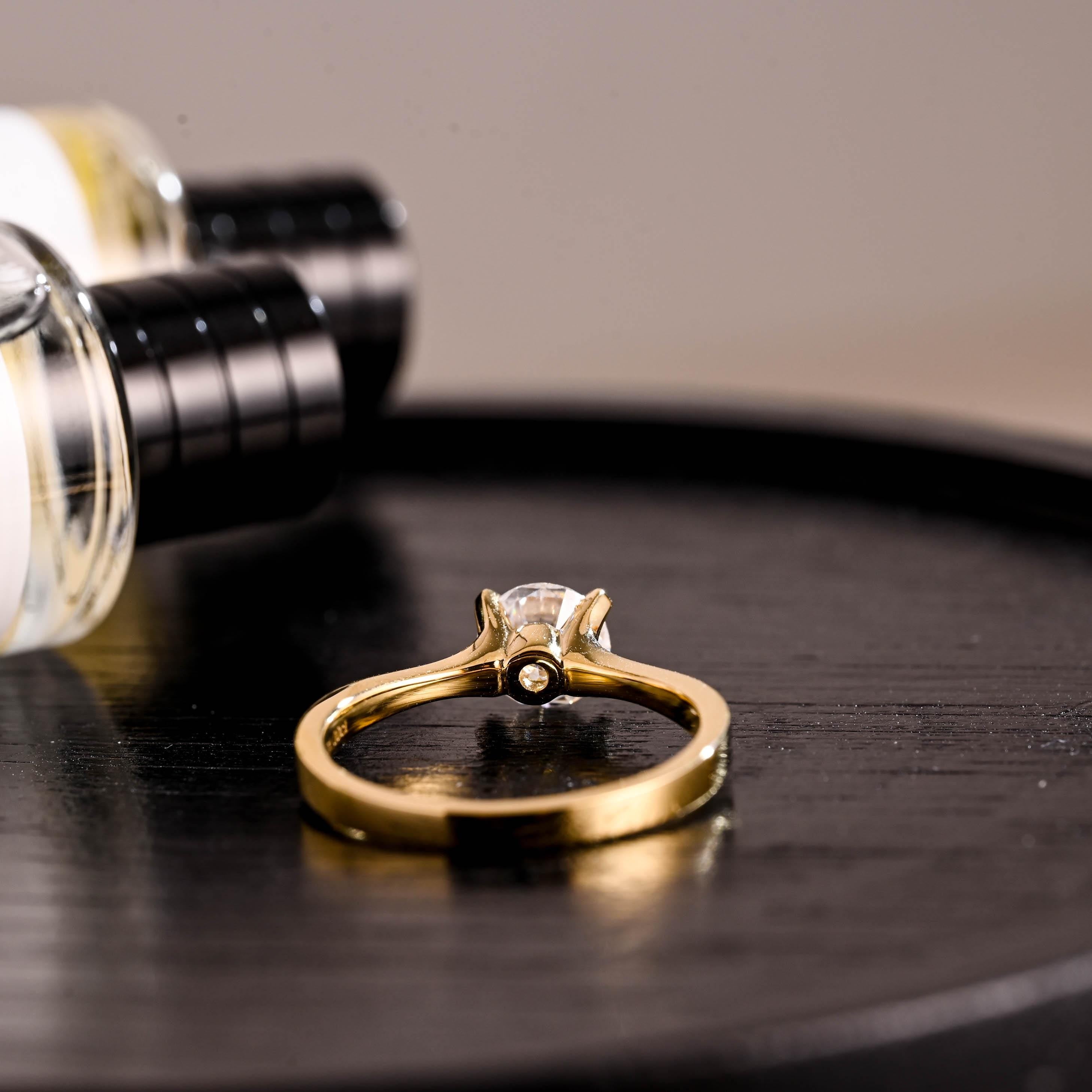 Low Setting Solid Gold Round Cut Moissanite Engagement Ring, Round Cut Moissanite Anniversary Ring