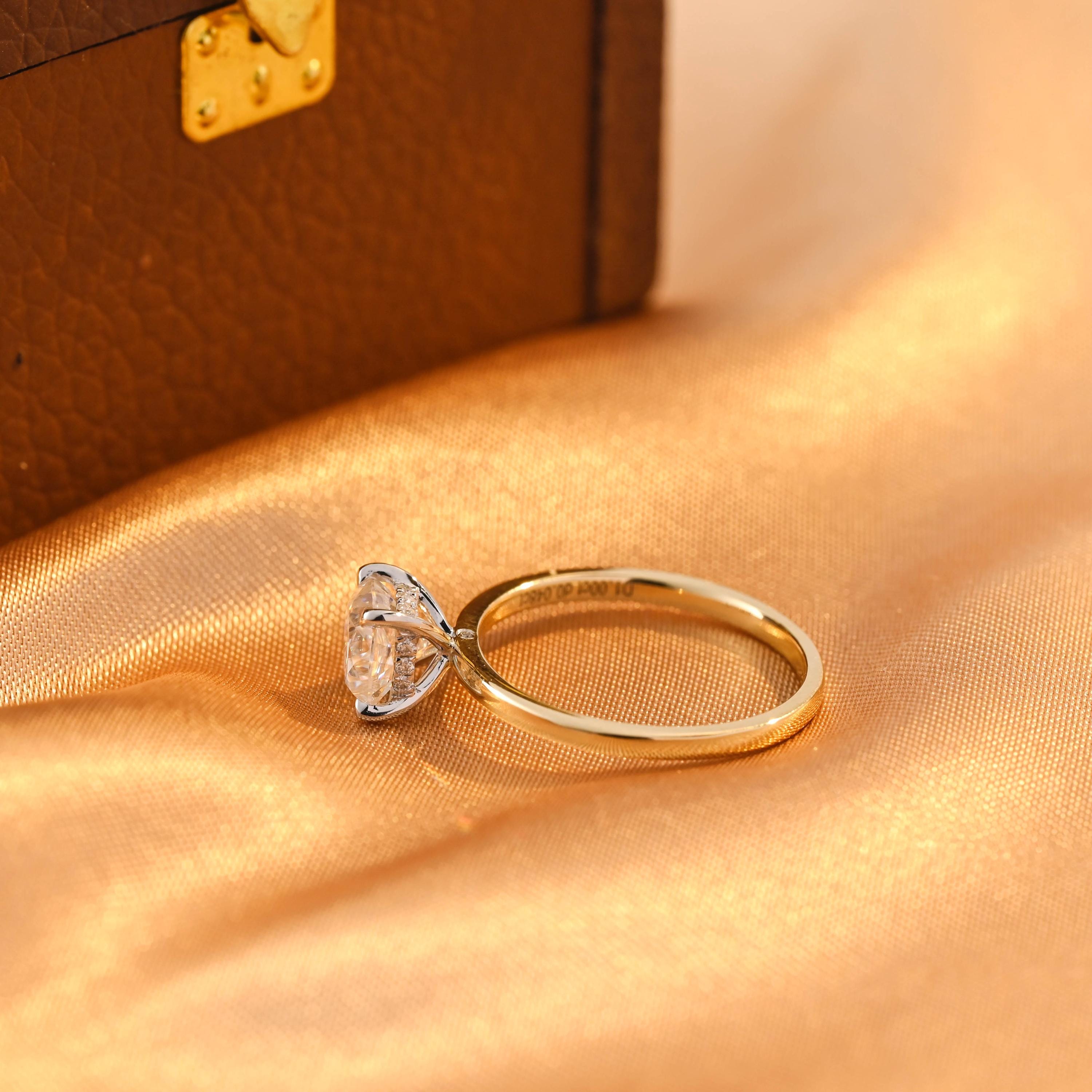 Two Tone Solid Gold Cushion Cut Moissanite Engagement Ring, Hidden Halo 4 Prongs Anniversary Ring