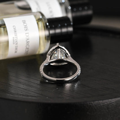 Trilliant Cut Moissanite Engagement Ring, Halo Pave Cathedral Trilliant Cut Wedding Ring