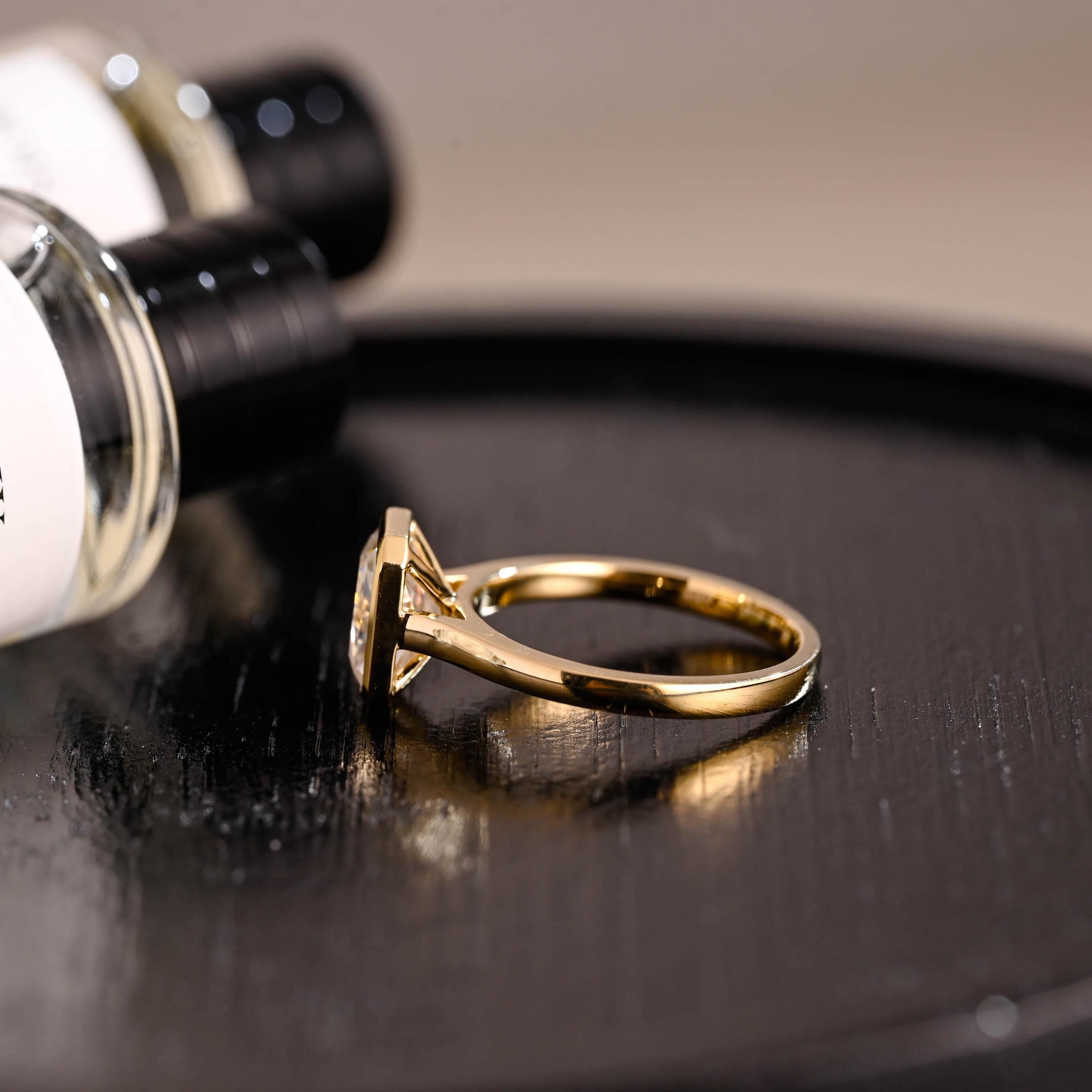 Solid Gold Bezel Crushed Ice Radiant Cut Moissanite Engagement Ring, Solitaire Cathedral Setting