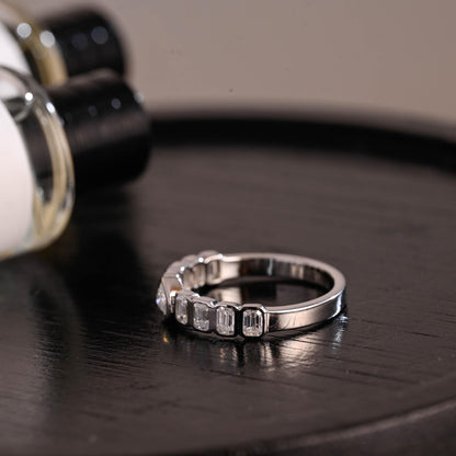 Solid Gold Heart & Emerald Cut Moissanite Wedding Band, Anniversary Gift