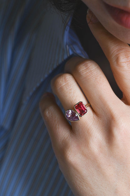Solid Gold Emerald Cut Lab Grown Ruby & Pear Lab Grown Alexandrite Toi et Moi Engagement Ring