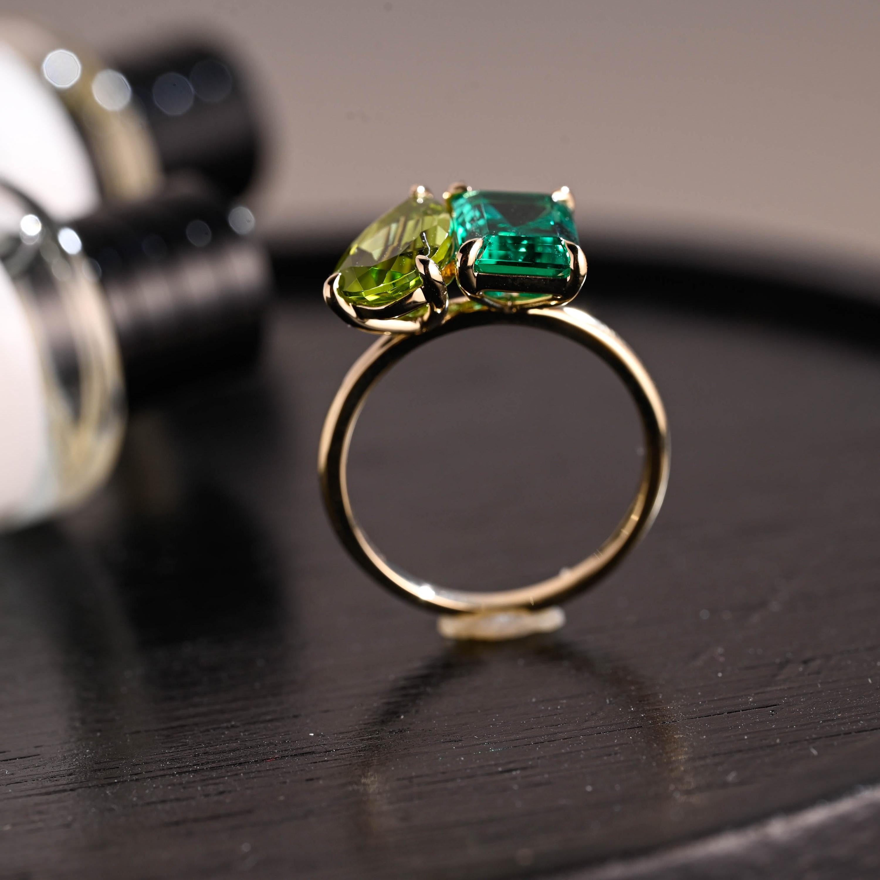 Solid Gold Toi et Moi Ring, Pear Cut Peridot & Lab Grown Emerald Engagement Ring