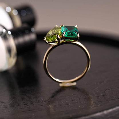 Solid Gold Toi et Moi Ring, Pear Cut Peridot & Lab Grown Emerald Engagement Ring