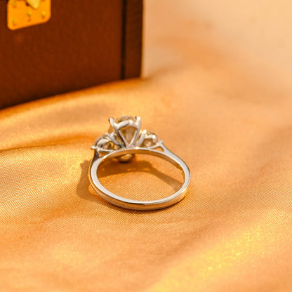 Solid Gold Cathedral Setting Oval Cut Moissanite Engagement Ring, Three Stone Wedding Ring