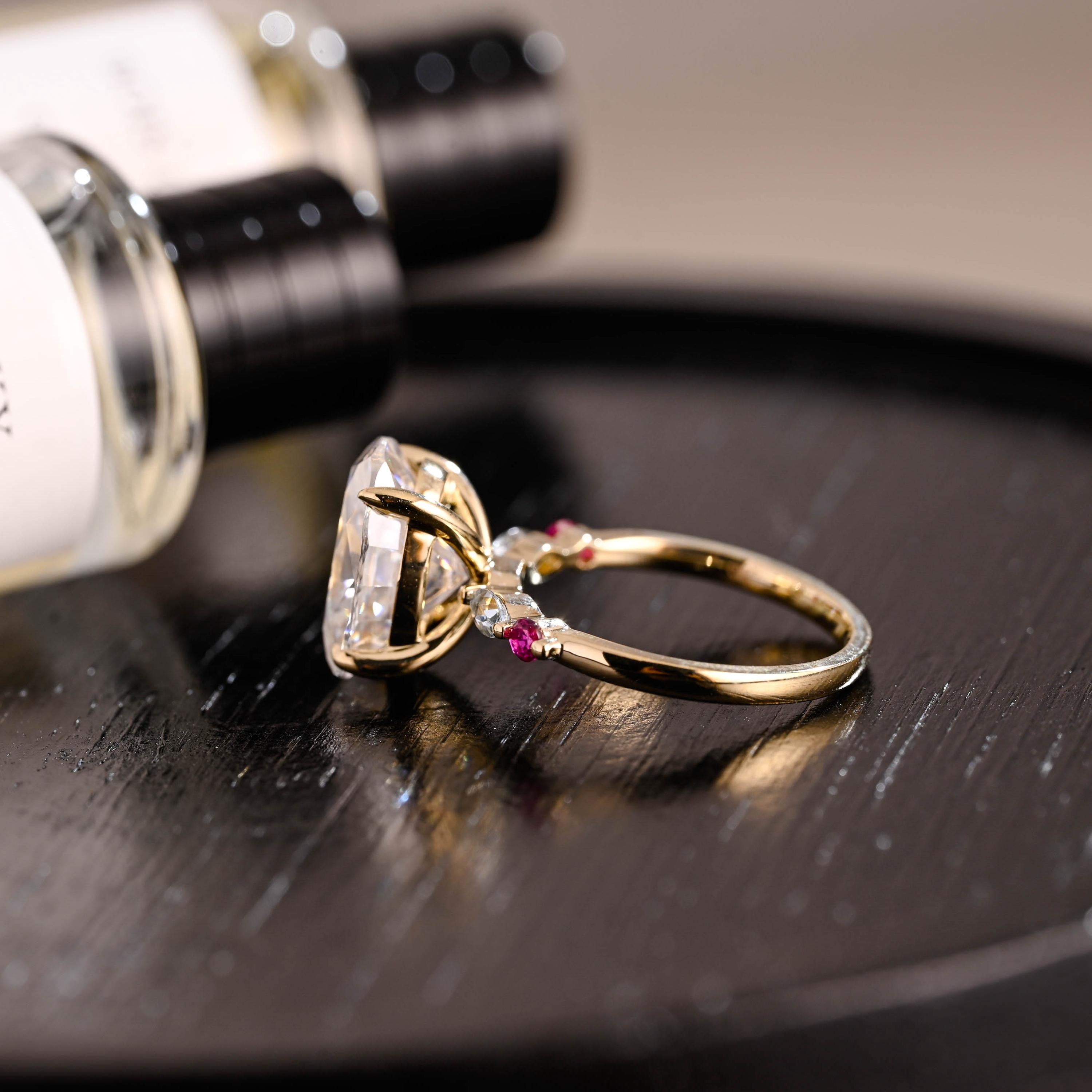 Solid Gold Lab Grown Aquamarine & Ruby Accented Oval Cut Moissanite Engagement Ring