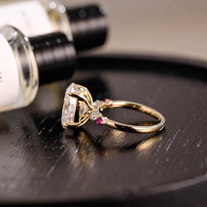 Solid Gold Lab Grown Aquamarine & Ruby Accented Oval Cut Moissanite Engagement Ring