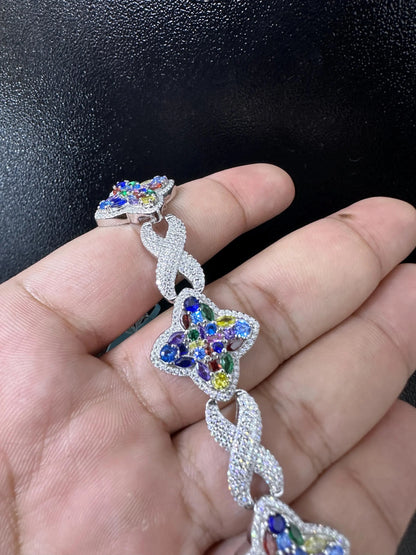 Iced Out Moissanite Bracelet 8.82CTW VVS D Color 925 Sterling Silver Colored Gemstone Sapphire Custom Made Iced Out Handmade Bracelet Clover