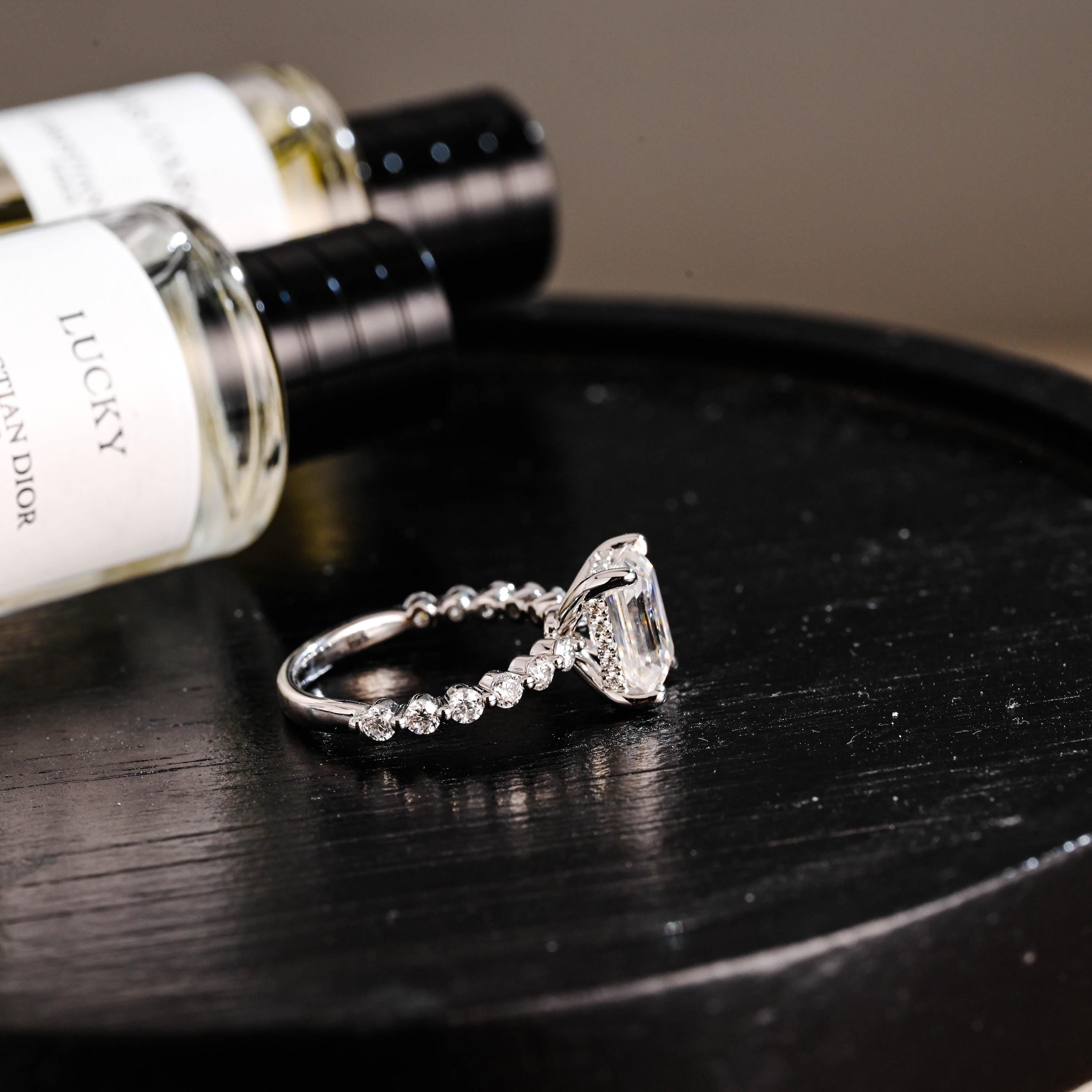 Solid Gold Half Eternity Emerald Cut Moissanite Engagement Ring, Proposal Ring, Round Promise Ring, Wedding Ring, Anniversary Gift for Women