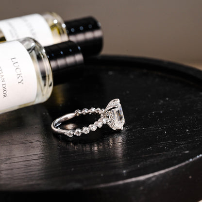 Solid Gold Half Eternity Emerald Cut Moissanite Engagement Ring, Proposal Ring, Round Promise Ring, Wedding Ring, Anniversary Gift for Women