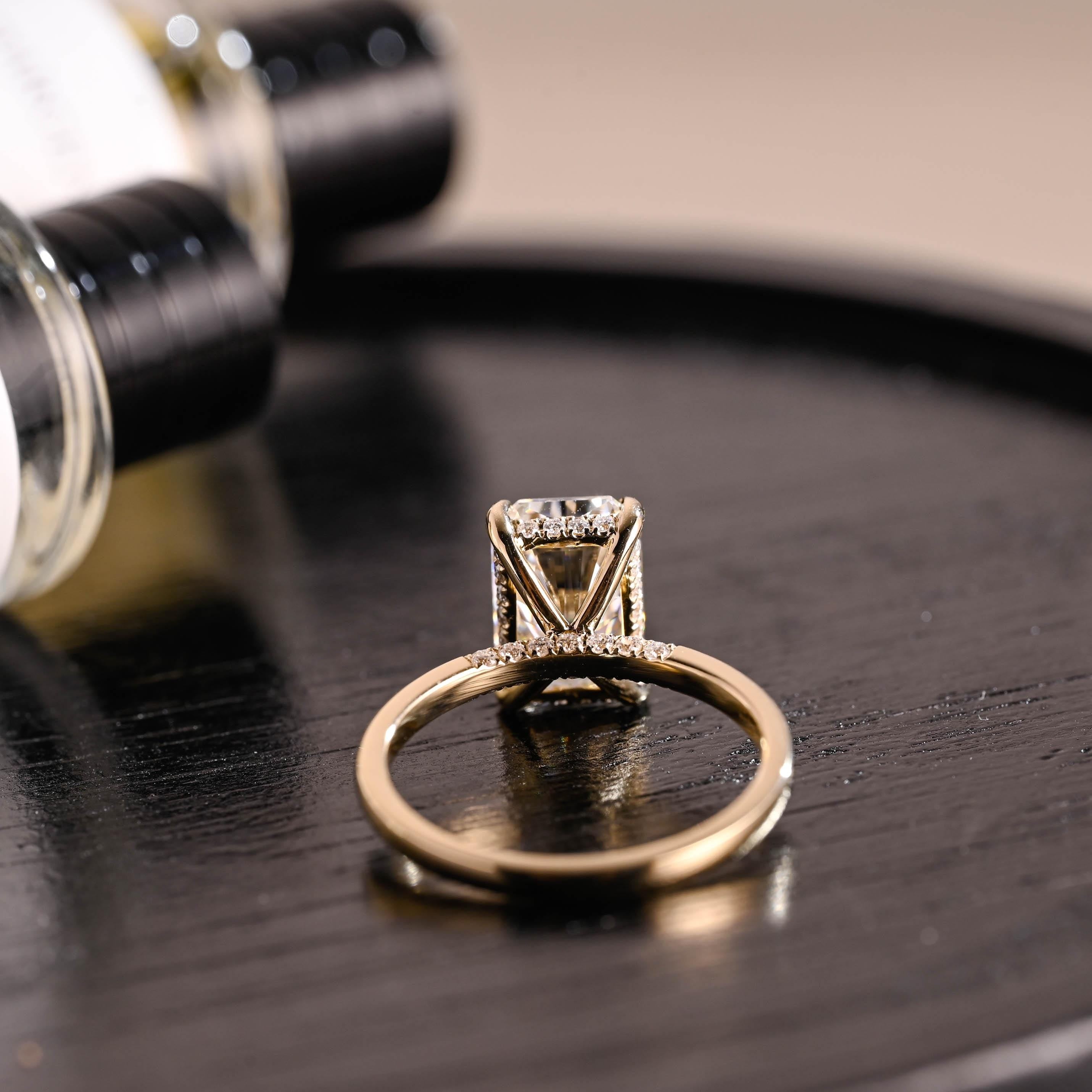 Solid Gold Hidden Halo Radiant Cut Moissanite Engagement Ring, Anniversary Ring for Her