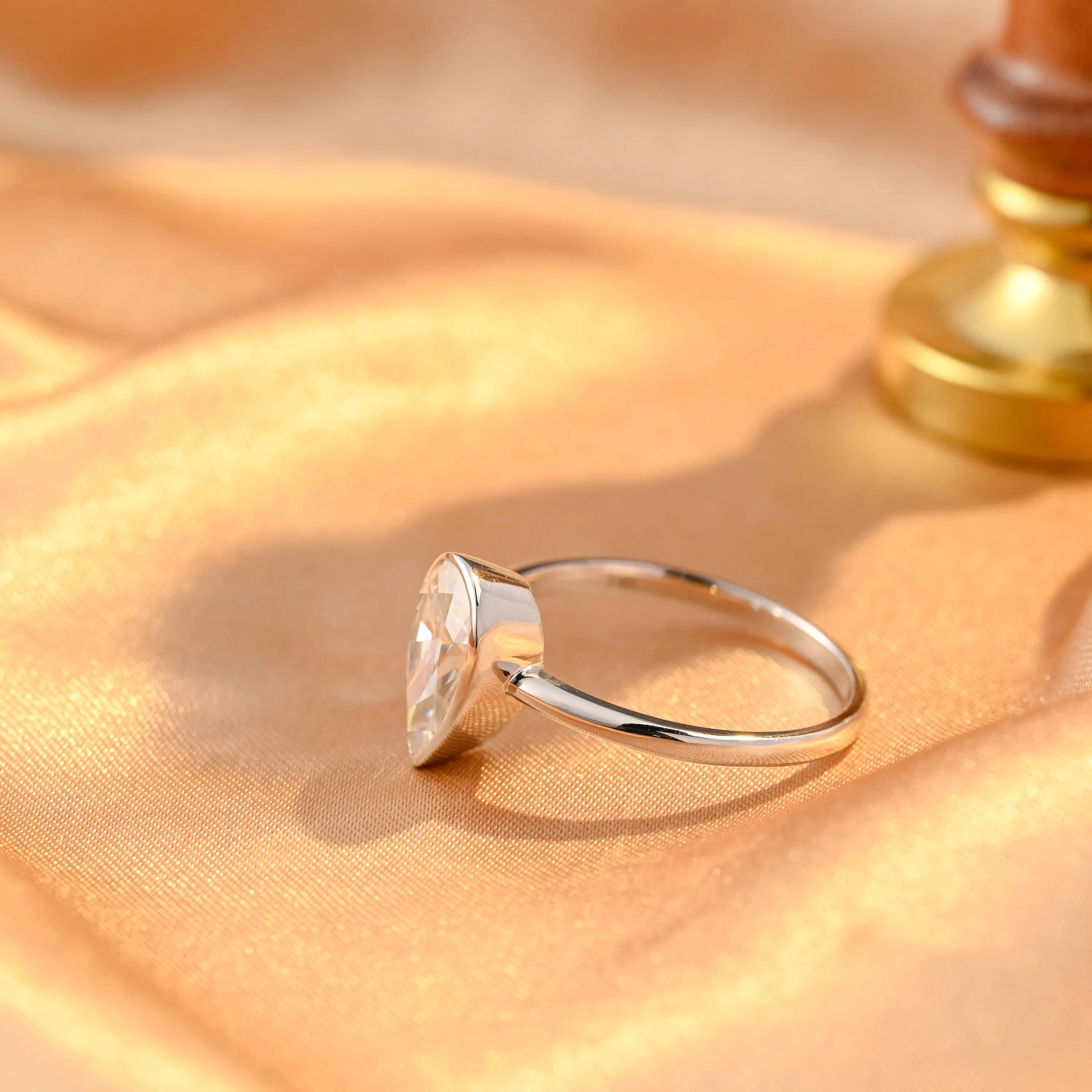 Solid Gold Bezel Pear Cut Moissanite Engagement Ring, Solitaire Pear Moissanite Wedding Ring