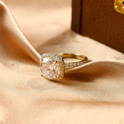 Solid Gold Cushion Cut Moissanite Engagement Ring, Halo Cushion Cut Wedding Ring, Half Pave Anniversary Ring for Her, Moissanite Gift
