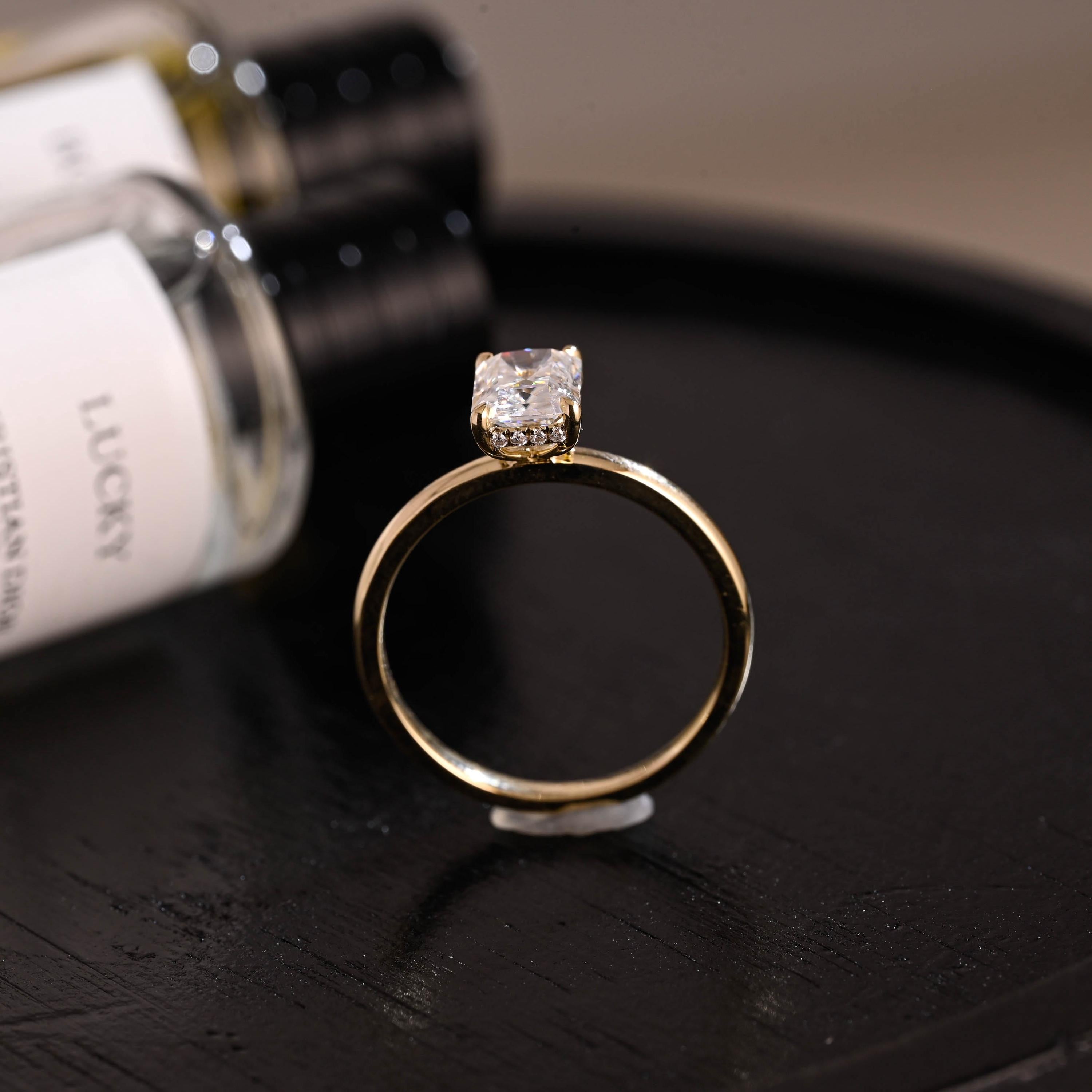 Solid Gold Hidden Halo Radiant Cut Moissanite Engagement Ring, Anniversary Ring for Her